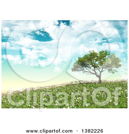 Clipart of a 3d Tree on a Hill with Grass and Daisies - Royalty Free Illustration by KJ Pargeter