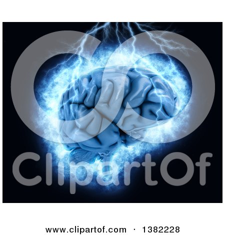 Clipart of a 3d Human Brain with Electric Lights and Lightning on Black - Royalty Free Illustration by KJ Pargeter