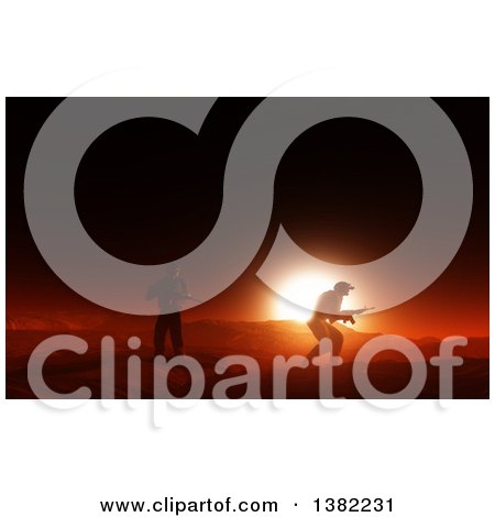Clipart of 3d Soldiers in Combat Against a Desert Sunset - Royalty Free Illustration by KJ Pargeter