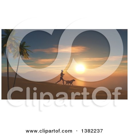 Clipart of a 3d Silhouetted Fit Woman Jogging with Her Dog at Sunset or Sunrise on a Beach - Royalty Free Illustration by KJ Pargeter