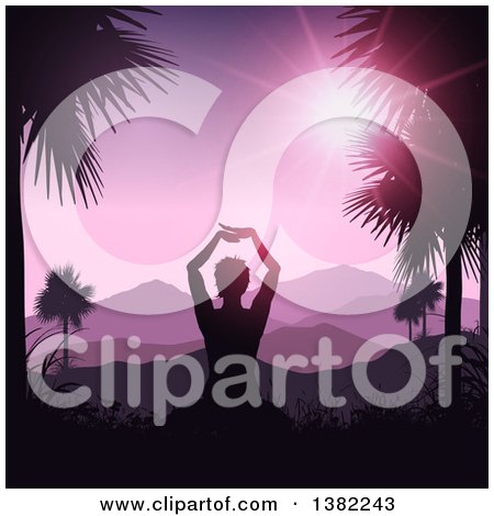 Clipart of a Relaxed Silhouetted Woman Doing Yoga Between Palm Trees Against a Tropical Mountainous Sunset - Royalty Free Vector Illustration by KJ Pargeter