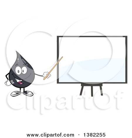 Clipart of a Cartoon Oil Drop Mascot Holding a Pointer Stick to a Presentation Board - Royalty Free Vector Illustration by Hit Toon