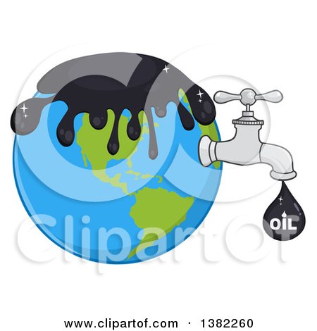Clipart of a Cartoon Oil Drop with Text Leaking from a Faucet from Planet Earth - Royalty Free Vector Illustration by Hit Toon