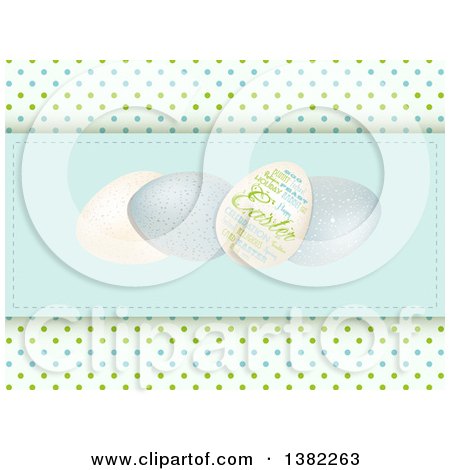 Clipart of Easter Eggs and Text on a Pastel Blue Panel over Polka Dots - Royalty Free Vector Illustration by elaineitalia