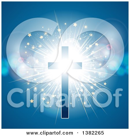 Clipart of a Glowing Cross with a Starry Light Burst and Flares on Blue - Royalty Free Vector Illustration by elaineitalia