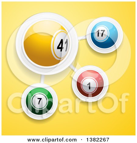 Clipart of 3d Colorful Bingo or Lottery Balls Connected in a Network, over Yellow - Royalty Free Vector Illustration by elaineitalia