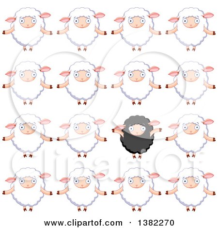 Clipart of a Background of a Cheering Black Sheep Standing out in a Crowd of White Sheep - Royalty Free Vector Illustration by Pushkin