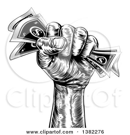 Clipart of a Black and White Woodcut or Engraved Revolutionary Fist Holding Cash Money - Royalty Free Vector Illustration by AtStockIllustration