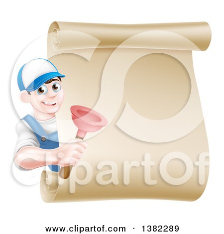 Clipart of a Young Brunette White Male Plumber Wearing a Baseball Cap, Holding a Plunger Around a Scroll Sign - Royalty Free Vector Illustration by AtStockIllustration