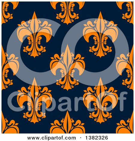 Clipart of a Seamless Pattern Background of Orange Fleur De Lis on Navy Blue - Royalty Free Vector Illustration by Vector Tradition SM