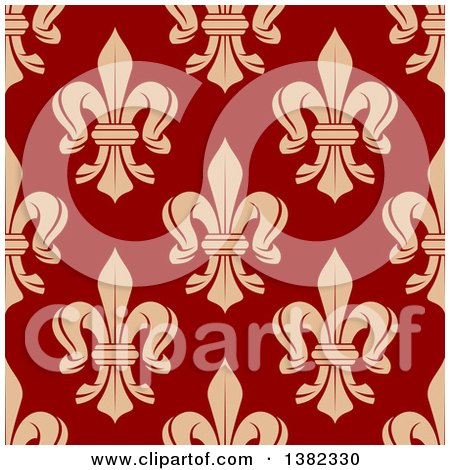 Clipart of a Seamless Pattern Background of Tan Fleur De Lis on Red - Royalty Free Vector Illustration by Vector Tradition SM
