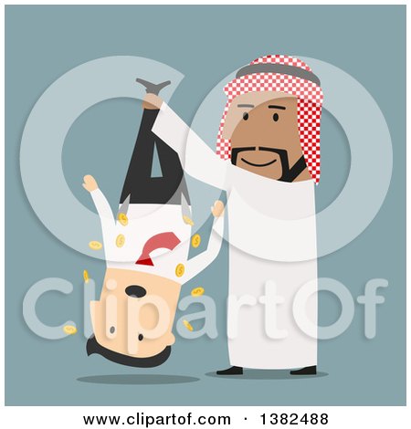 Clipart of a Flat Design Arabian Business Man Shaking out a Caucasian Man, on Blue - Royalty Free Vector Illustration by Vector Tradition SM