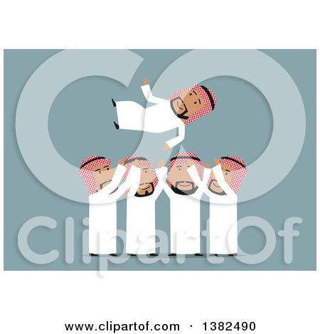 Clipart of a Flat Design Team of Arabian Business Men Moshing, on Blue - Royalty Free Vector Illustration by Vector Tradition SM