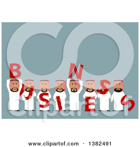 Clipart of a Flat Design Team of Arabian Men Holding BUSINESS Letters, on Blue - Royalty Free Vector Illustration by Vector Tradition SM