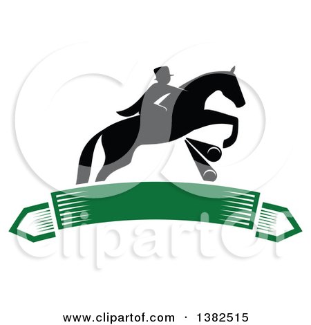 Clipart of a Black Silhouetted Rider on a Leaping Horse Above a Blank Green Banner - Royalty Free Vector Illustration by Vector Tradition SM