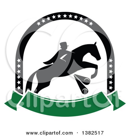 Clipart of a Black Silhouetted Rider on a Leaping Horse Above a Blank Green Banner in an Arch of Stars - Royalty Free Vector Illustration by Vector Tradition SM