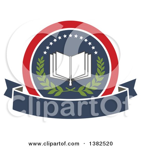 Clipart of a Book with Open Pages in a Circle with a Wreath, Stars and Blank Banner - Royalty Free Vector Illustration by Vector Tradition SM