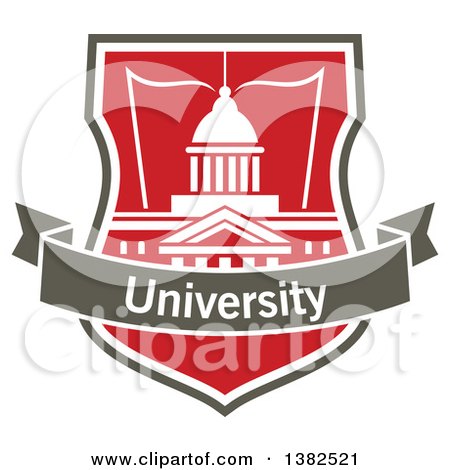Clipart of a University Shield with a Building, Open Book and Text Banner - Royalty Free Vector Illustration by Vector Tradition SM