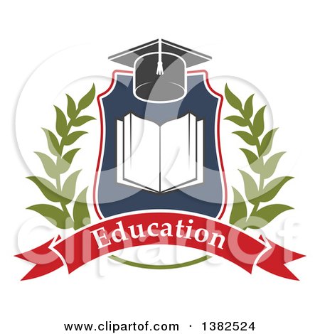 Clipart of a Book with Open Pages in a Shield with a Wreath, Graduation Mortar Board Hat and Education Banner - Royalty Free Vector Illustration by Vector Tradition SM