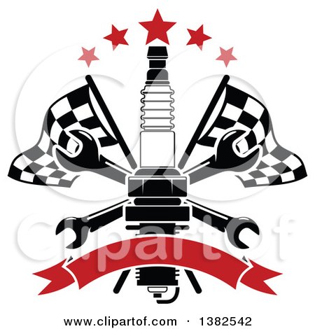 Clipart of a Black and White Spark Plug, Crossed Wrenches, Blank Banner, Red Stars and Checkered Racing Flags - Royalty Free Vector Illustration by Vector Tradition SM