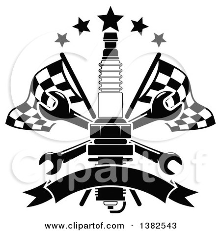 Clipart of a Black and White Spark Plug, Crossed Wrenches, Blank Banner, Stars and Checkered Racing Flags - Royalty Free Vector Illustration by Vector Tradition SM