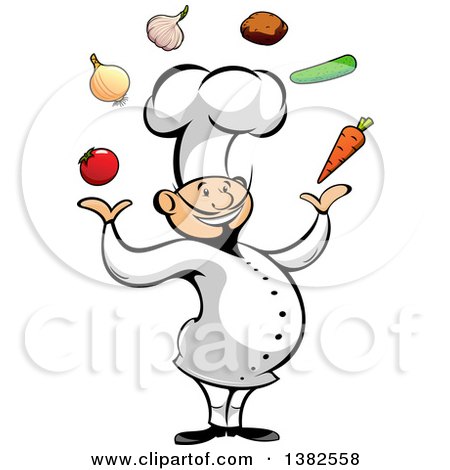 Clipart of a Cartoon Happy Asian Male Chef Juggling Produce - Royalty Free Vector Illustration by Vector Tradition SM