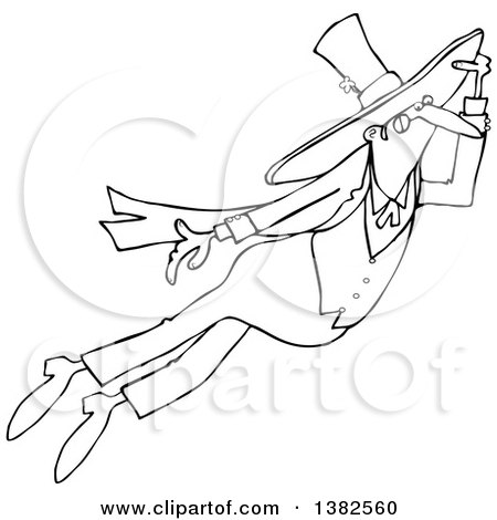 Clipart of a Black and White St Patricks Day Leprechaun Flying - Royalty Free Vector Illustration by djart