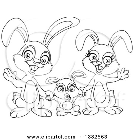 Clipart of a Black and White Cartoon Happy Bunny Rabbit Family Waving - Royalty Free Vector Illustration by yayayoyo
