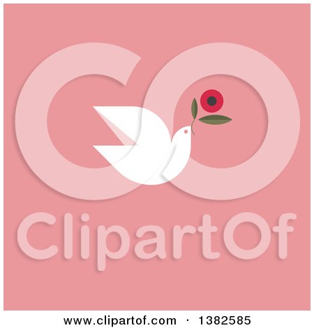 Clipart of a Flat Design White Dove Flying with a Flower for International Womens Day, March 8th, over Pink - Royalty Free Vector Illustration by elena