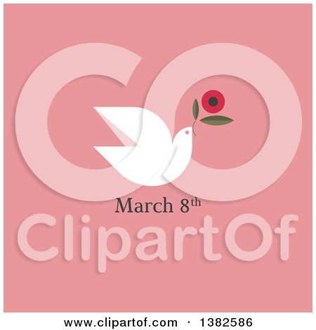 Clipart of a Flat Design White Dove Flying with a Flower over a Date for International Womens Day, March 8th, over Pink - Royalty Free Vector Illustration by elena