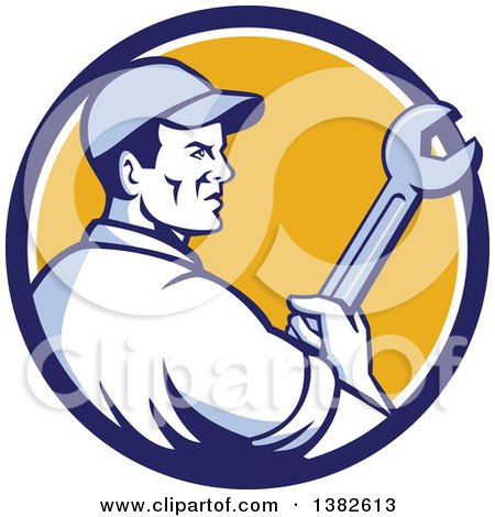 Clipart of a Retro Male Mechanic Holding a Giant Wrench in a Blue White and Yellow Circle - Royalty Free Vector Illustration by patrimonio