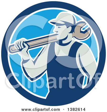 Clipart of a Retro Male Mechanic Holding a Giant Wrench over His Shoulder in a Blue and White Circle - Royalty Free Vector Illustration by patrimonio
