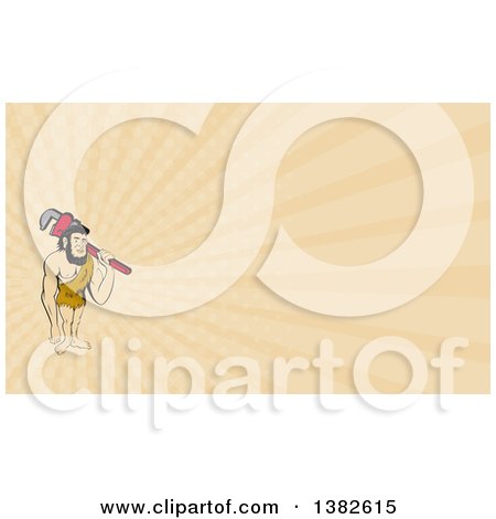 Clipart of a Cartoon Neanderthal Caveman Plumber Holding a Monkey Wrench over His Shoulder and Tan Rays Background or Business Card Design - Royalty Free Illustration by patrimonio