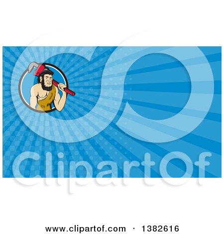 Clipart of a Cartoon Neanderthal Caveman Plumber Holding a Monkey Wrench over His Shoulder and Blue Rays Background or Business Card Design - Royalty Free Illustration by patrimonio