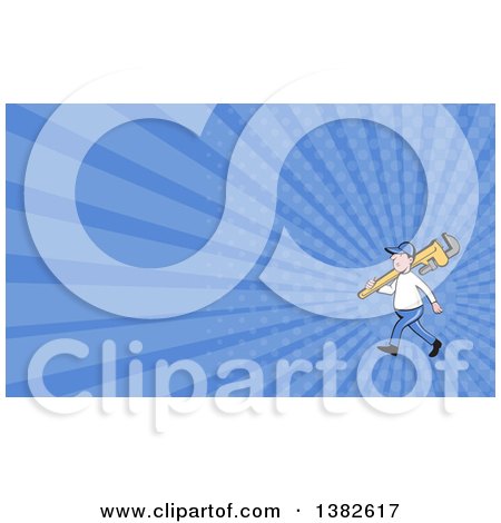 Clipart of a Cartoon White Male Plumber Holding a Giant Monkey Wrench over His Shoulder and Blue Rays Background or Business Card Design - Royalty Free Illustration by patrimonio