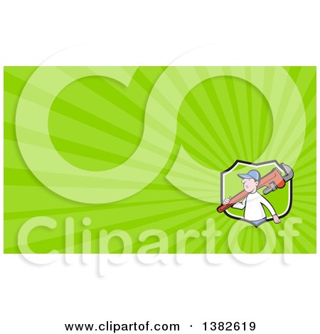 Clipart of a Cartoon White Male Plumber Holding a Giant Monkey Wrench over His Shoulder and Green Rays Background or Business Card Design - Royalty Free Illustration by patrimonio