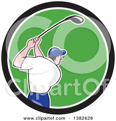 Clipart of a Rear View of a Cartoon White Male Golfer Swinging in a Black White and Green Circle - Royalty Free Vector Illustration by patrimonio