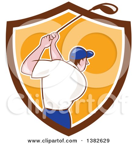 Clipart of a Rear View of a Cartoon White Male Golfer Swinging in a Brown White and Orange Shield - Royalty Free Vector Illustration by patrimonio