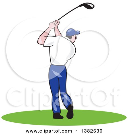 Clipart of a Rear View of a Cartoon White Male Golfer Swinging - Royalty Free Vector Illustration by patrimonio