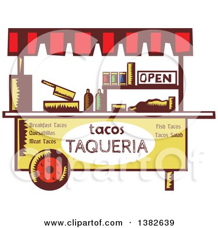 Clipart of a Retro Taco Stand in Woodcut Style - Royalty Free Vector Illustration by patrimonio