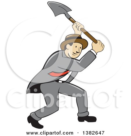 Clipart of a Retro Cartoon Businessman Digging with a Shovel - Royalty Free Vector Illustration by patrimonio