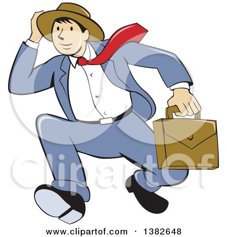 Clipart of a Retro Cartoon Businessman Holding on to His Hat and Running - Royalty Free Vector Illustration by patrimonio