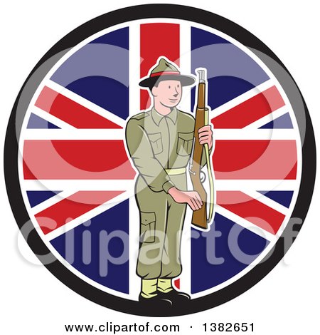Clipart of a Cartoon British World War II Soldier Holding a Rifle over a Union Jack Flag Circle - Royalty Free Vector Illustration by patrimonio