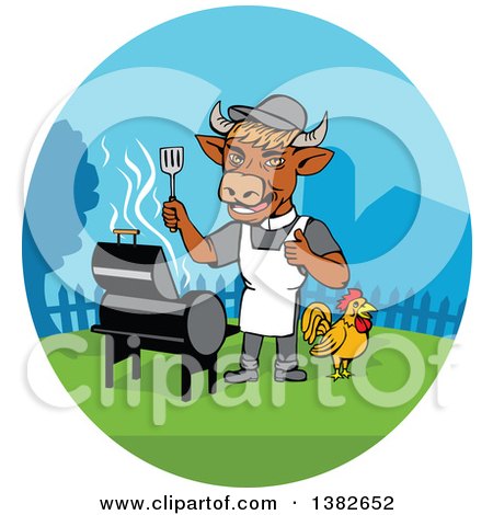 Clipart of a Cartoon Cow Chef Grilling in a Yard with a Chicken - Royalty Free Vector Illustration by patrimonio