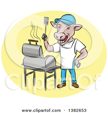 Clipart of a Bbq Cow Chef Holding up a Spatula by a Grill - Royalty Free Vector Illustration by patrimonio
