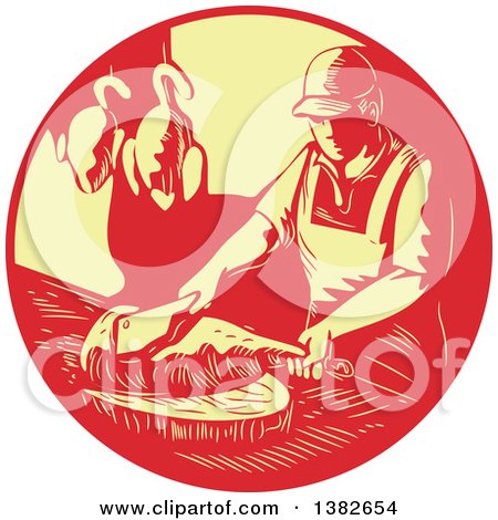 Clipart of a Retro Styled Male Asian Chef or Butcher Chopping Meat in a Red and Yellow Circle - Royalty Free Vector Illustration by patrimonio