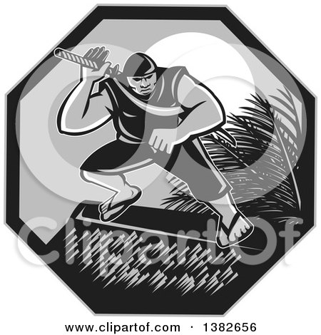 Clipart of a Retro Grayscale Samoan Ninja with Samurai Sword on a Roof Top, Against a Full Moon in a Hexagon - Royalty Free Vector Illustration by patrimonio