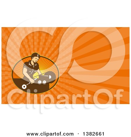 Clipart of a Retro Woman Operating a Lathe Machine and Orange Rays Background or Business Card Design - Royalty Free Illustration by patrimonio