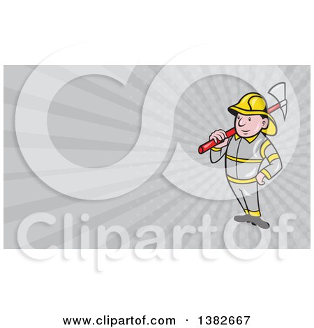 Clipart of a Cartoon Fireman with an Axe and Gray Rays Background or Business Card Design - Royalty Free Illustration by patrimonio