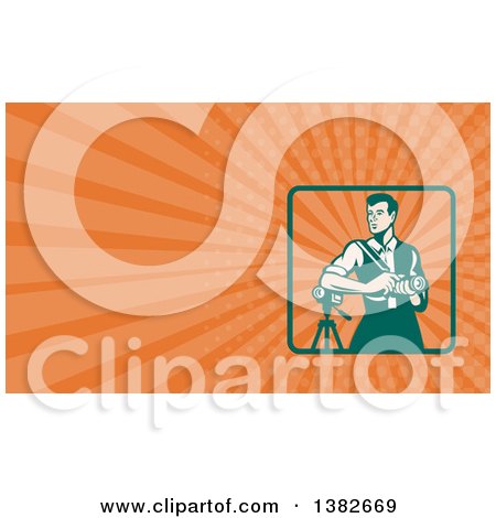 Clipart of a Retro Male Photographer with a Dslr Camera and Orange Rays Background or Business Card Design - Royalty Free Illustration by patrimonio